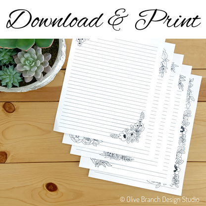 Black and White Floral Letter Writing Page Bundle - Download & Print